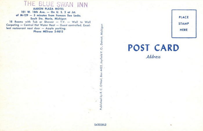 Aaron Plaza Motel (Blue Swan Inn) - Vintage Postcard (newer photo)